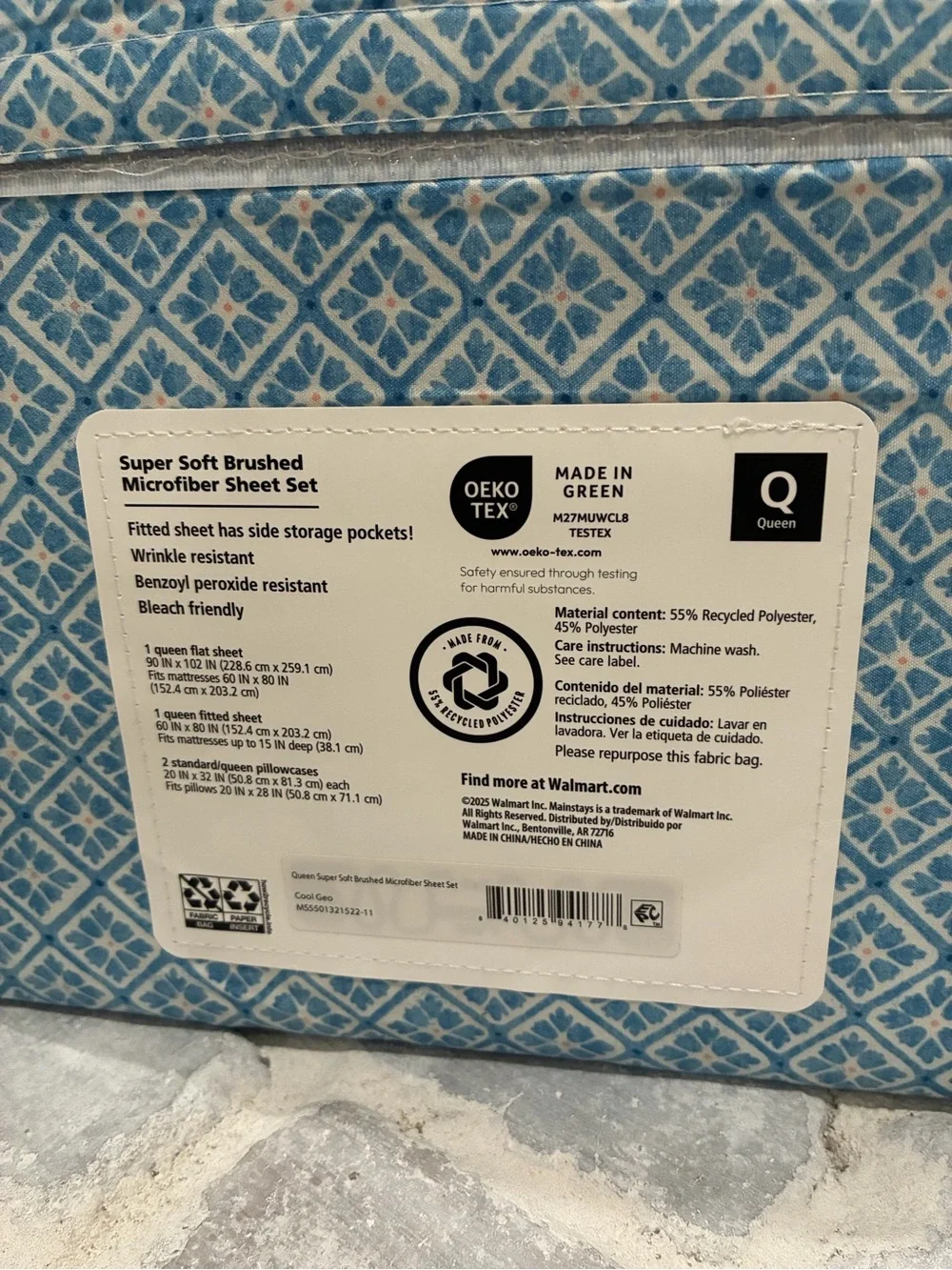 Mainstays Blue and White Diamond Print Microfiber Sheet Set